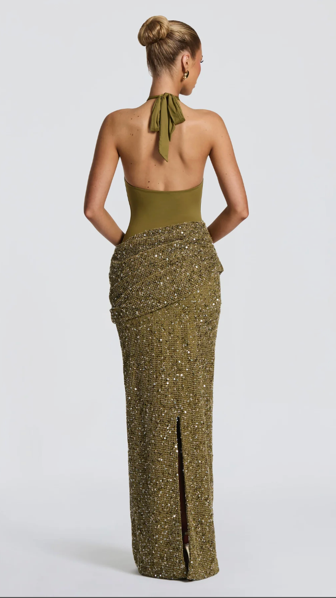 Salomé Halter Cutout Sequin Maxi Dress - Olive - open back with skirt slit