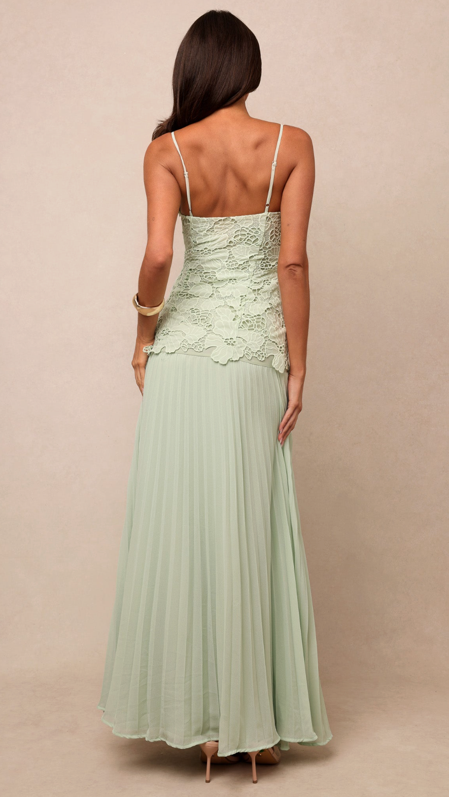 Amalia Lace Bodice Pleated Maxi Dress - Sage - open back