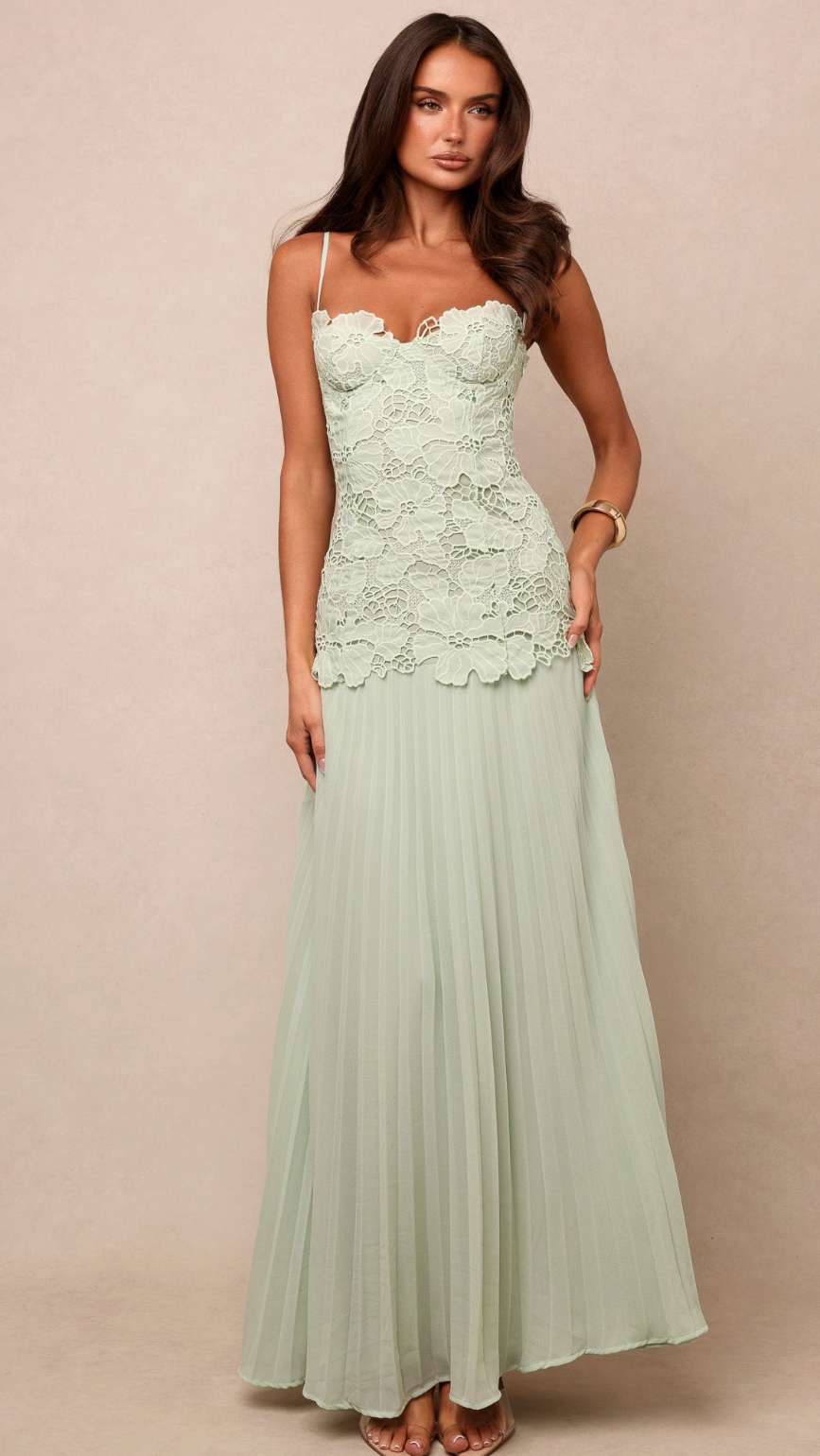 Amalia Lace Bodice Pleated Maxi Dress - Sage - front full length