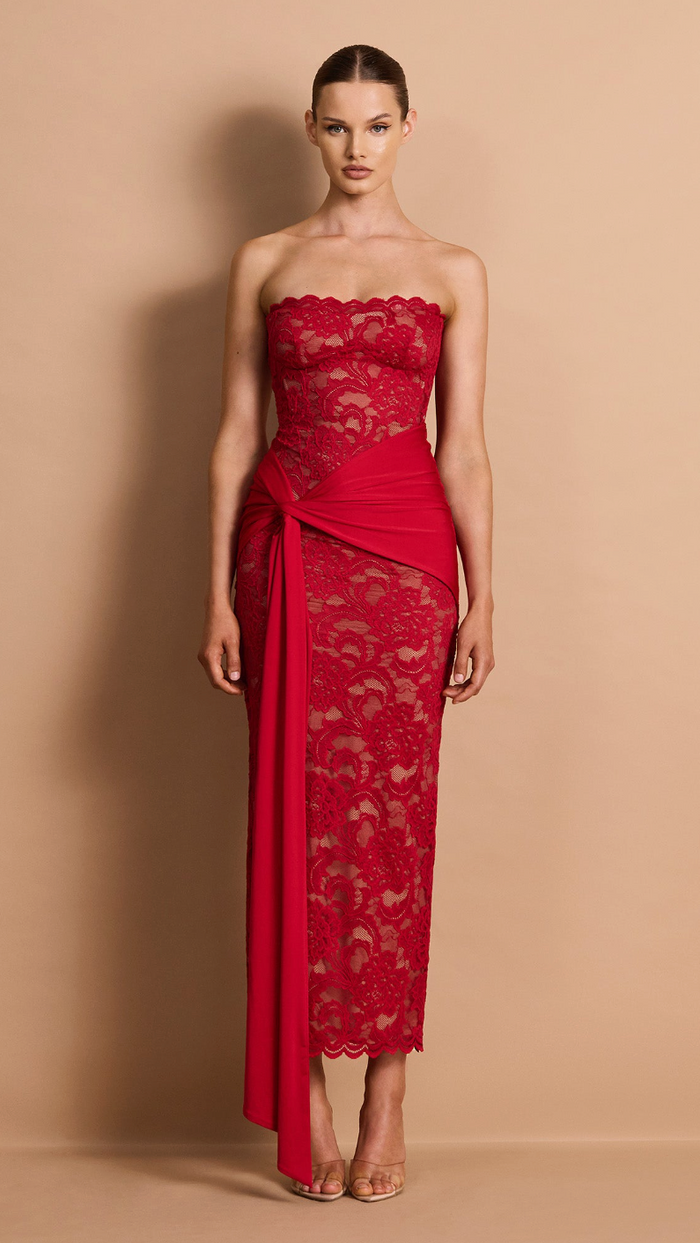 Colette Strapless Scalloped Lace Midi Dress - Red - front