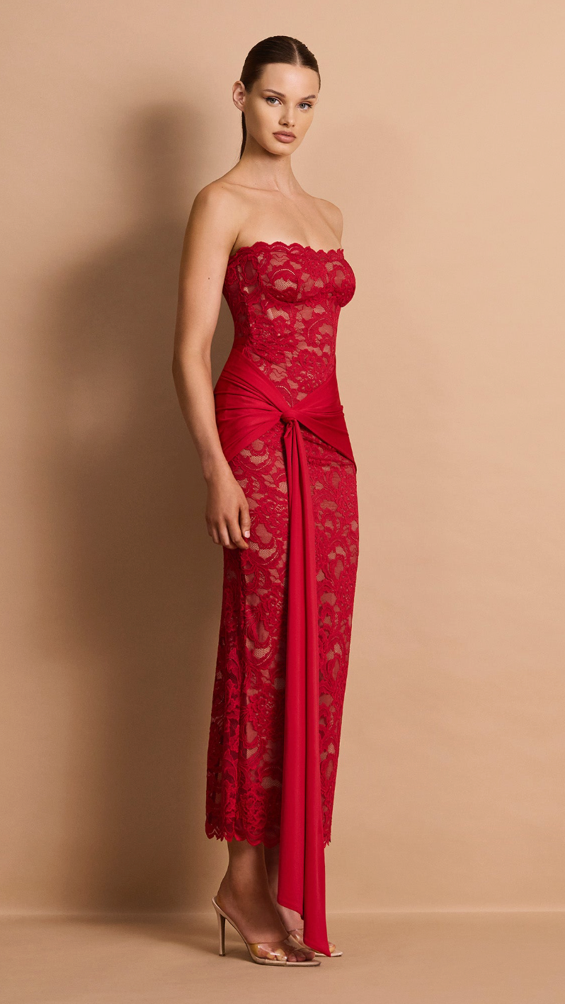 Colette Strapless Scalloped Lace Midi Dress - Red - side