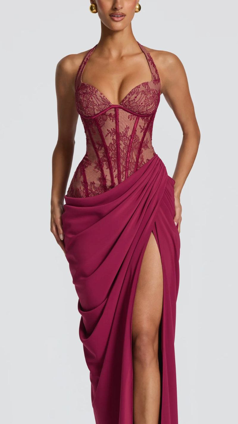 Anaïs Halter Sheer Corset High-Slit Gown - Berry - front