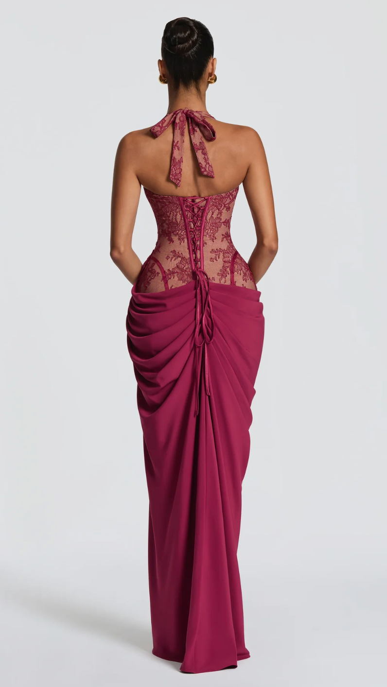 Anaïs Halter Sheer Corset High-Slit Gown - Berry - back