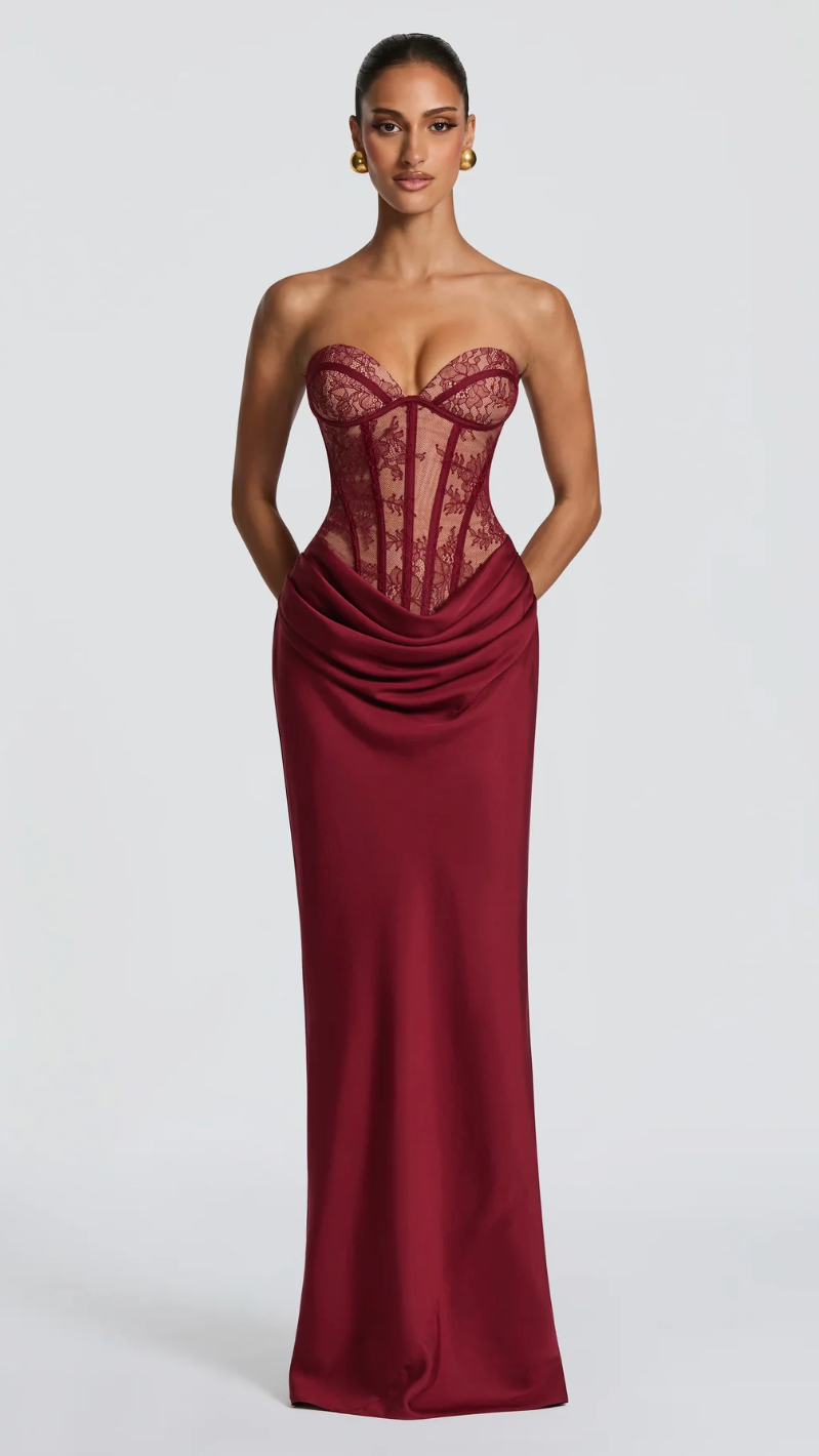 Eloise Strapless Sheer Corset Draped Gown - Wine - front full length