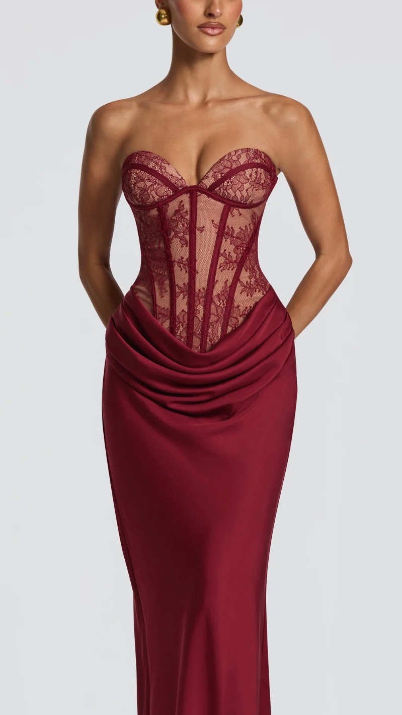 Eloise Strapless Sheer Corset Draped Gown - Wine - corset detail