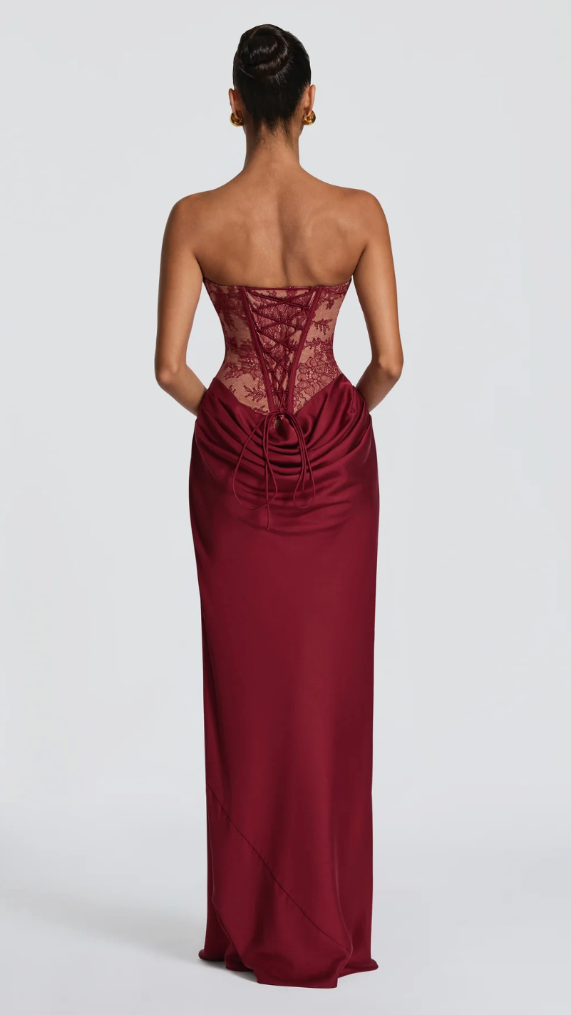Eloise Strapless Sheer Corset Draped Gown - Wine - back