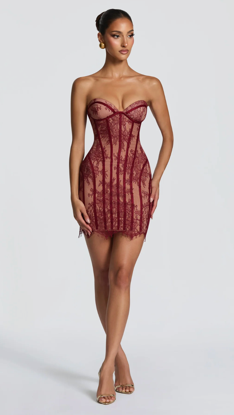 Odette Strapless Lace Corset Mini Dress - Wine - side