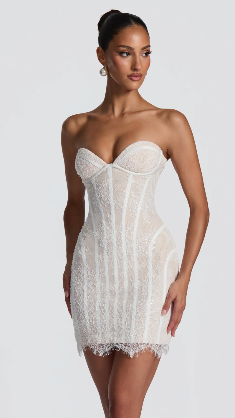 Odette Strapless Lace Corset Mini Dress - White - front