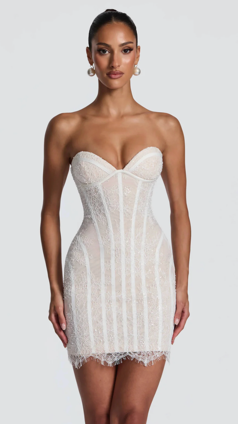 Odette Strapless Lace Corset Mini Dress - White - front full length