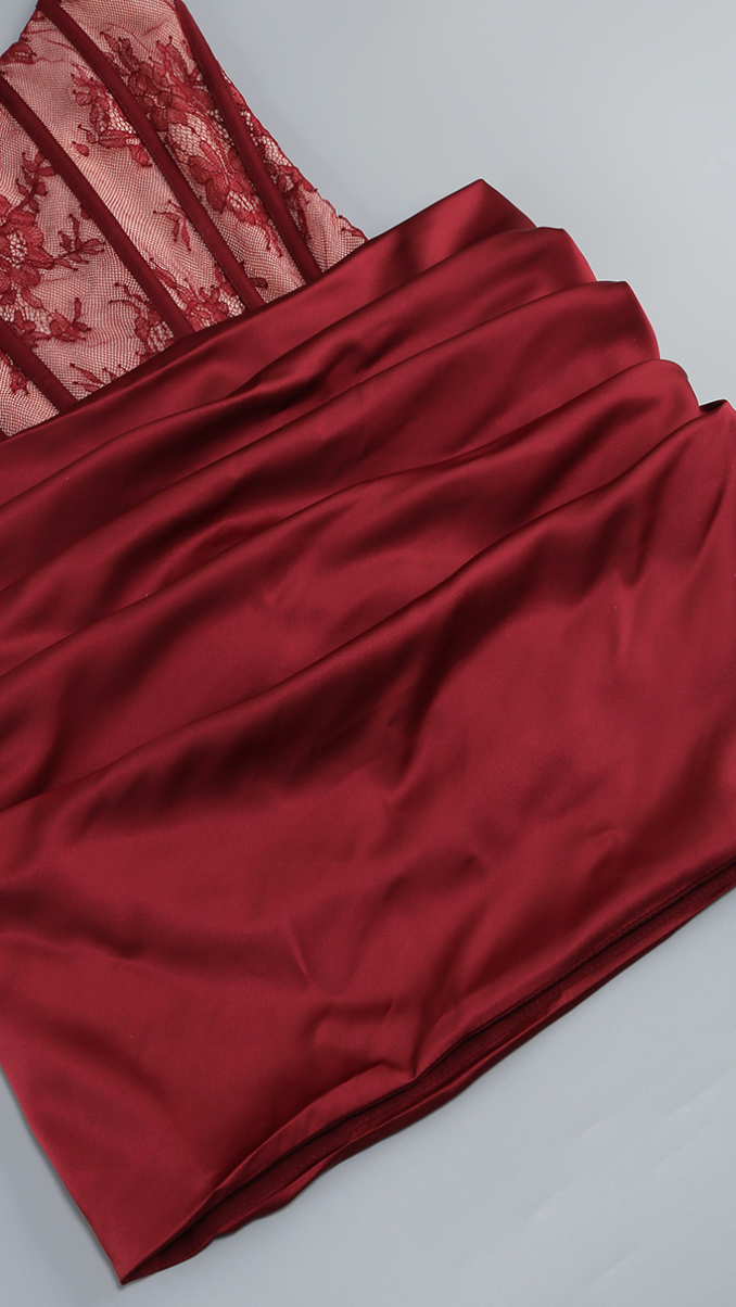 Selena Lace Corset Mini Dress - Wine - satin skirt detail
