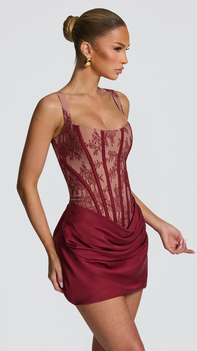 Selena Lace Corset Mini Dress - Wine - side