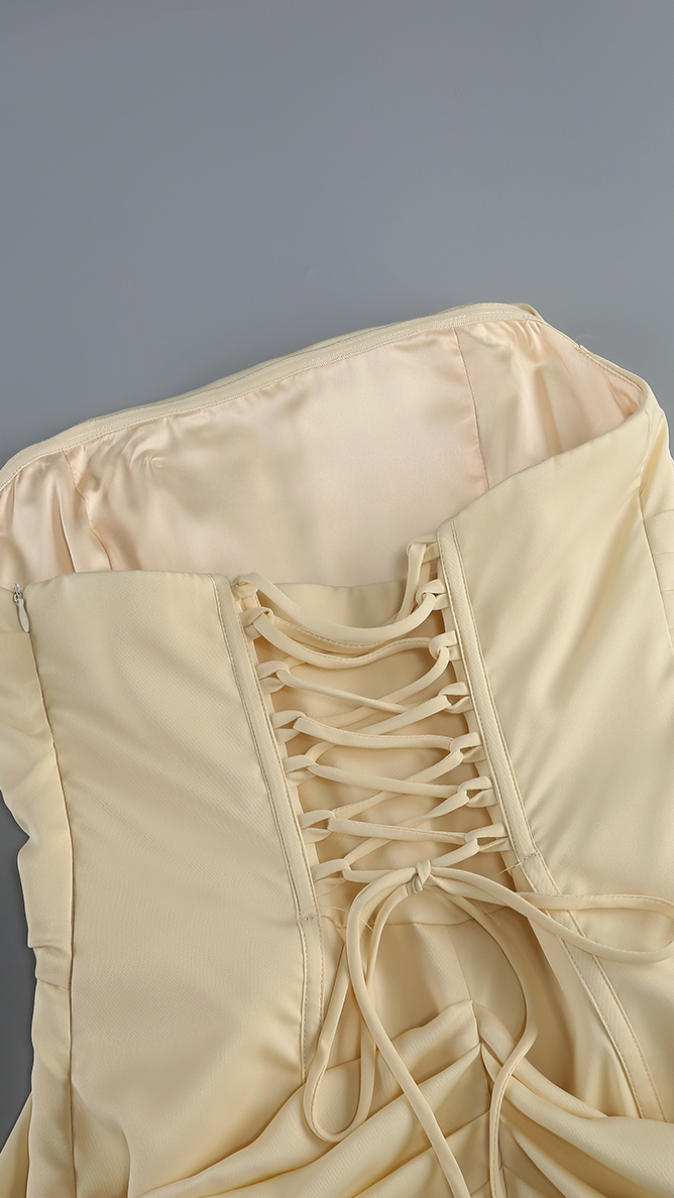 Aurelia Strapless Draped Maxi Dress - Yellow - lace-up back detail