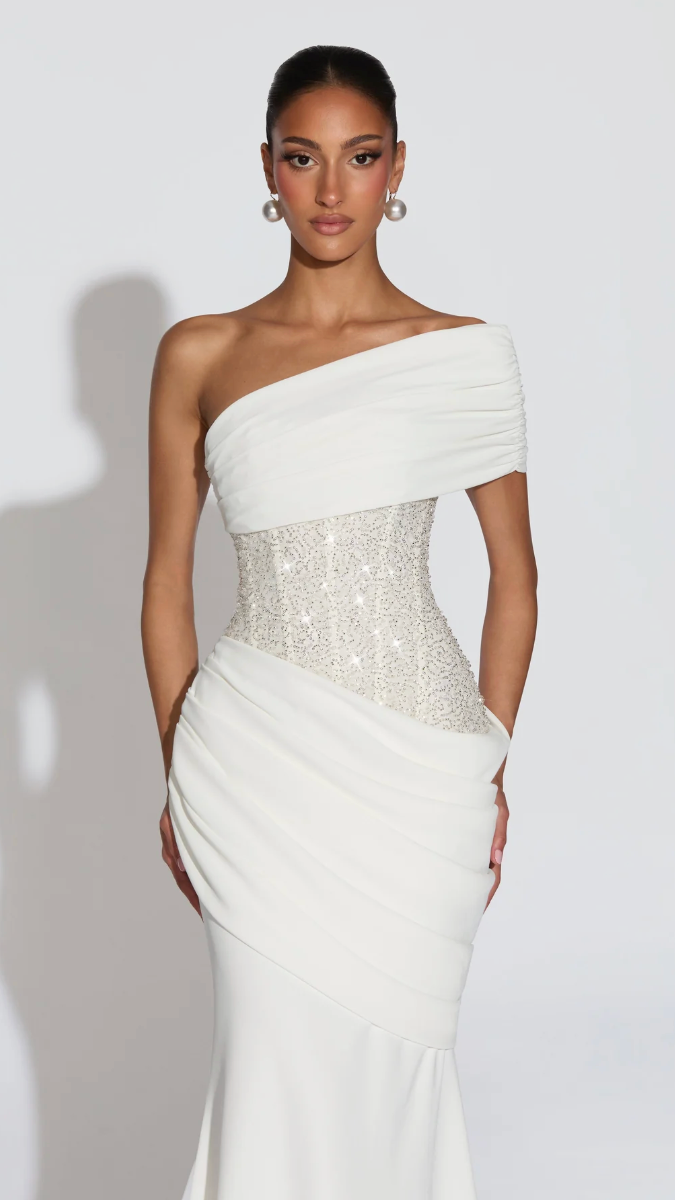 Celeste One-Shoulder Beaded Corset Mermaid Gown - White - front