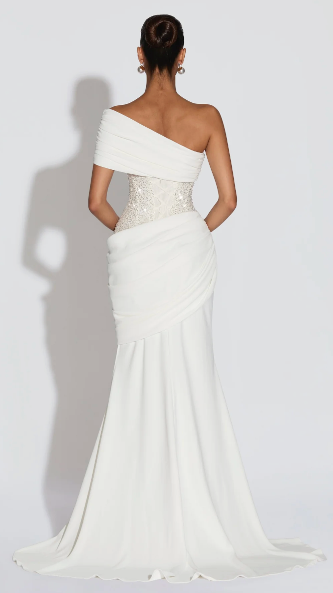 Celeste One-Shoulder Beaded Corset Mermaid Gown - White - back with train