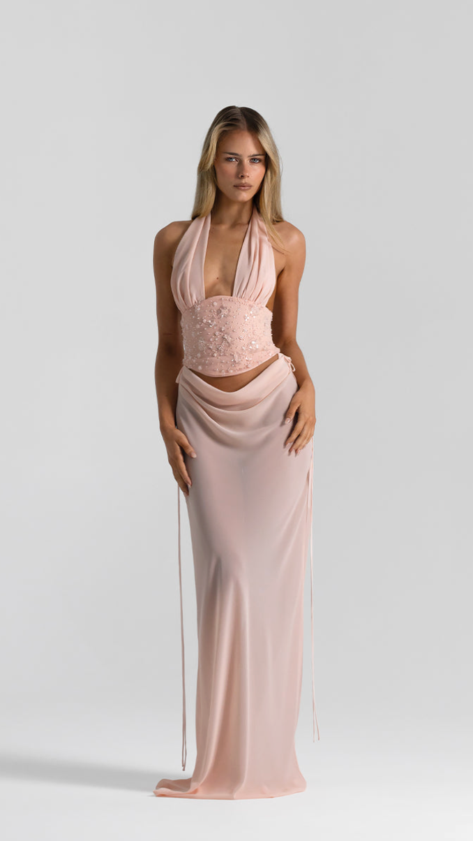 Ophelia Cutout Halter Corset Gown - Blush - front