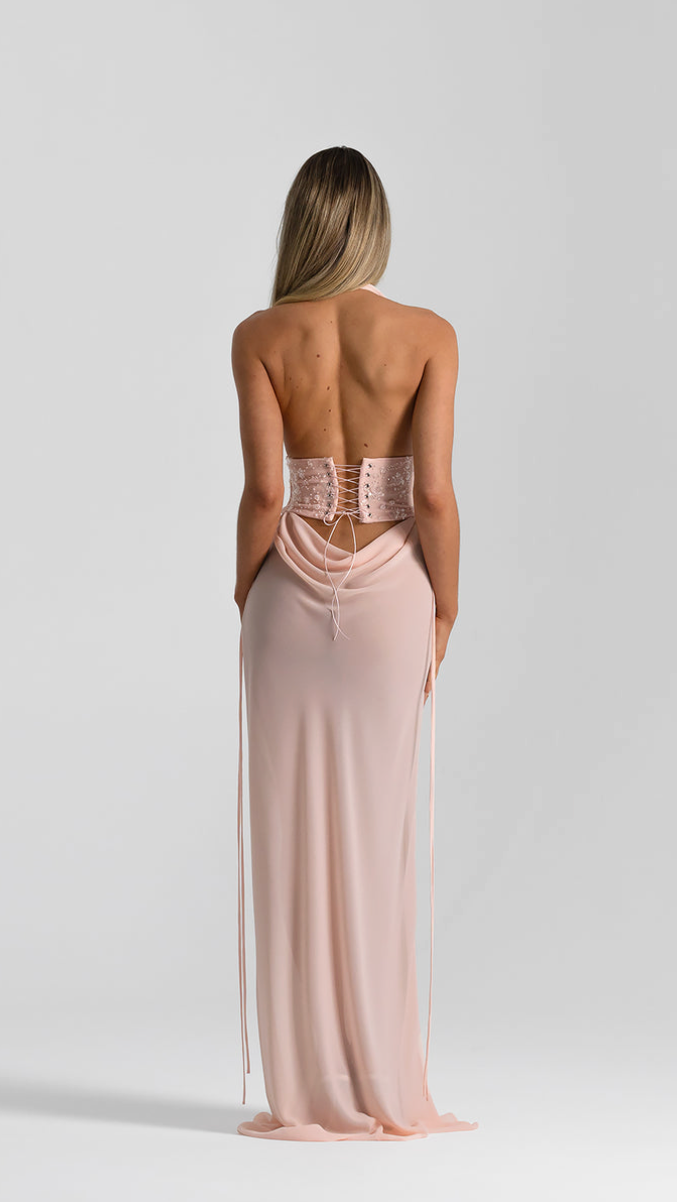 Ophelia Cutout Halter Corset Gown - Blush - open back with corset lace-up