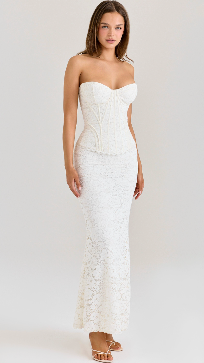 Juliette Strapless Lace Corset Maxi Dress - White - front