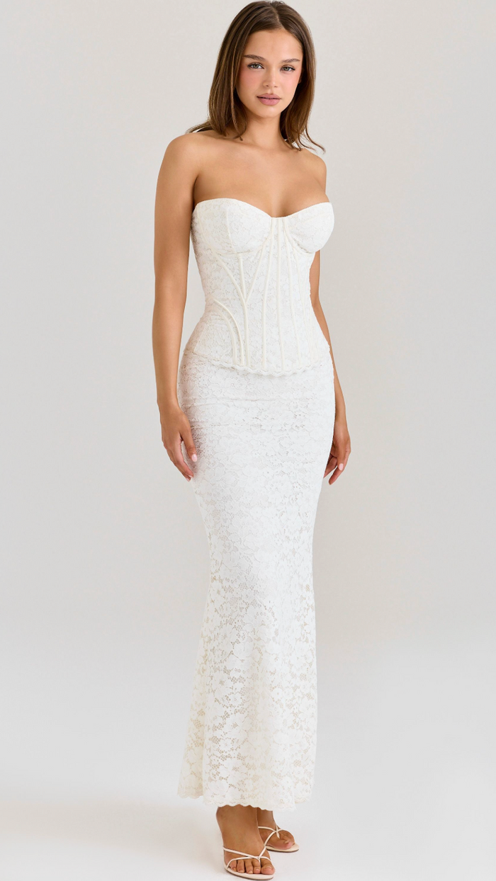 Juliette Strapless Lace Corset Maxi Dress - White - front