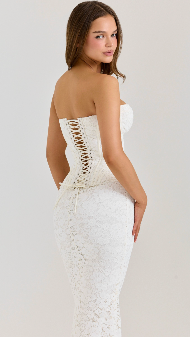 Juliette Strapless Lace Corset Maxi Dress - White - side with lace-up back