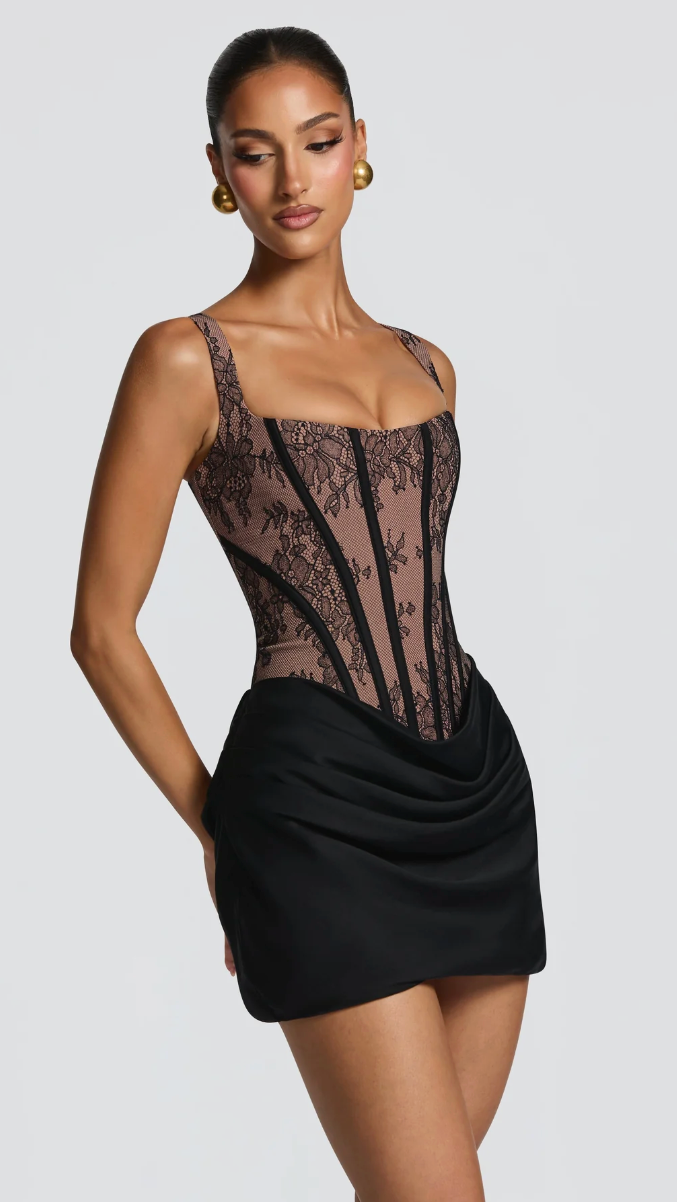 Selena Lace Corset Mini Dress - Black - front