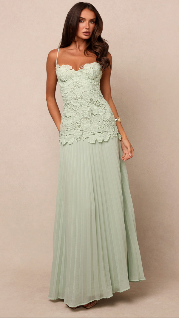 Amalia Lace Bodice Pleated Maxi Dress - Sage - front