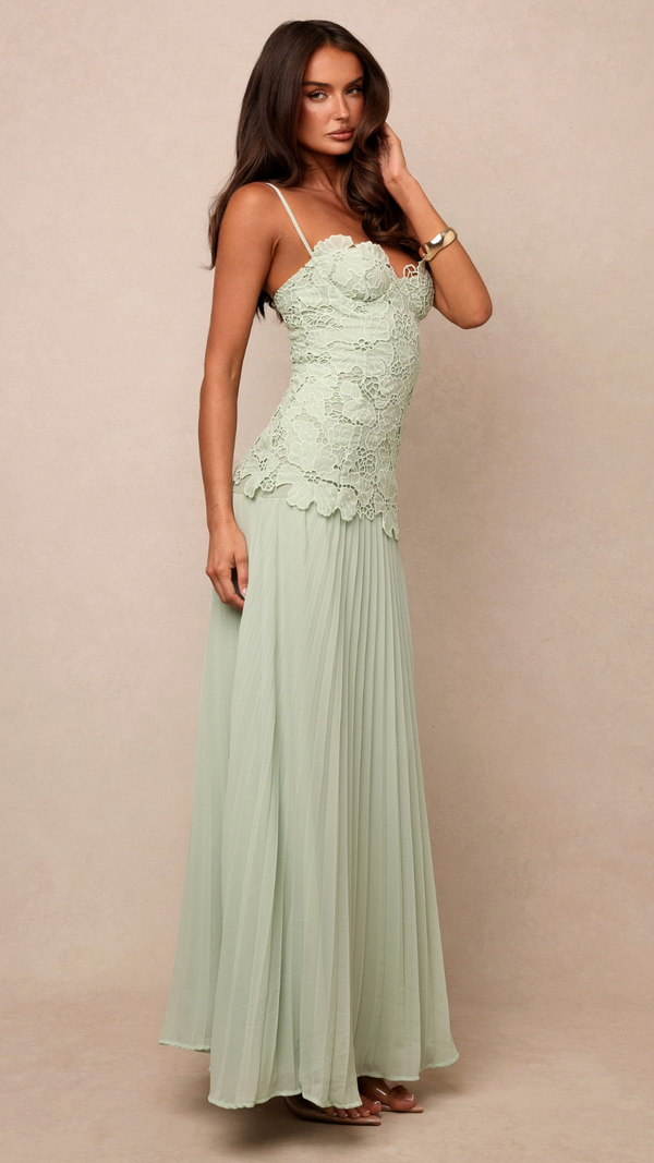 Amalia Lace Bodice Pleated Maxi Dress - Sage - side