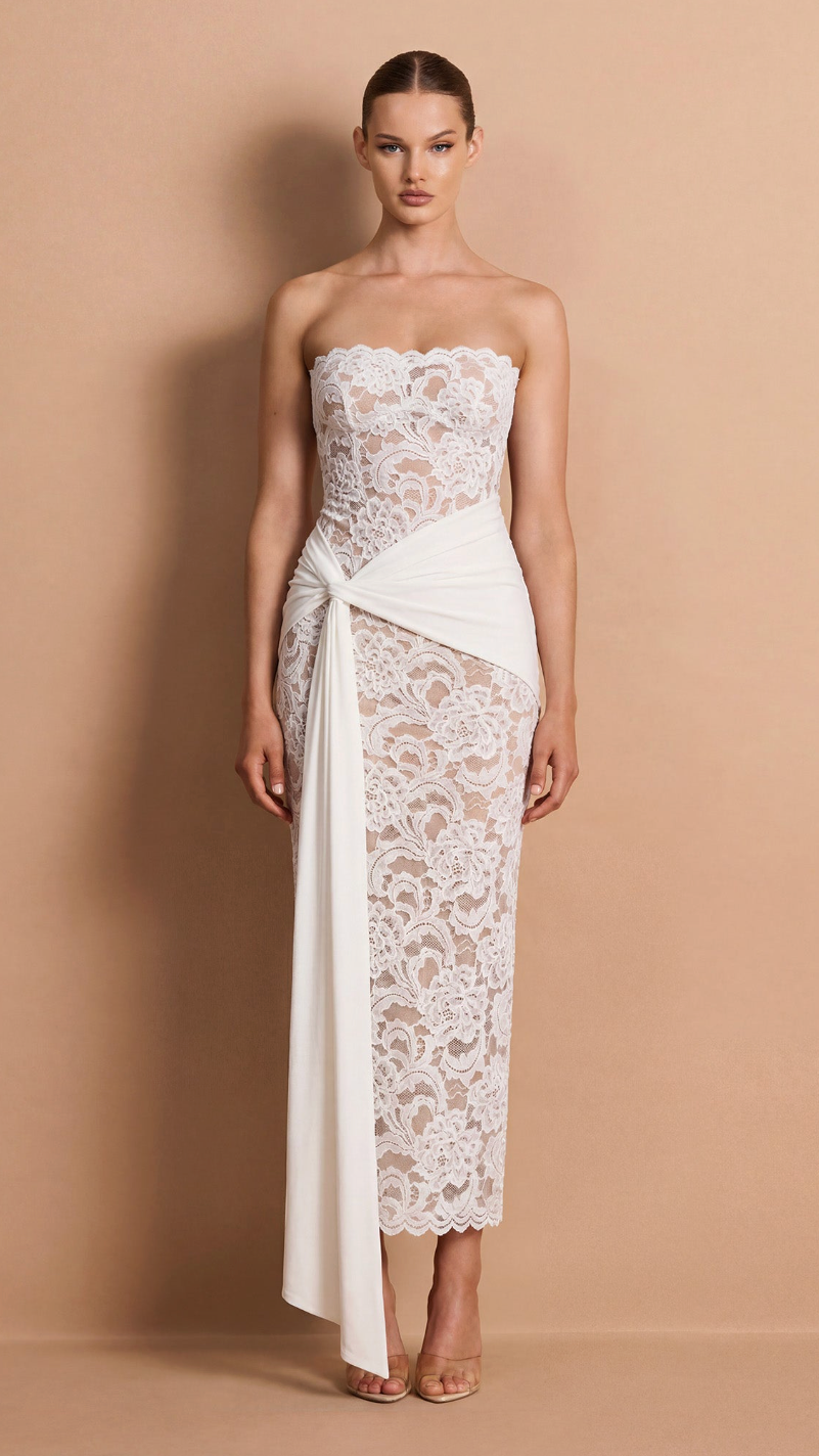 Colette Strapless Scalloped Lace Midi Dress - Ivory - front