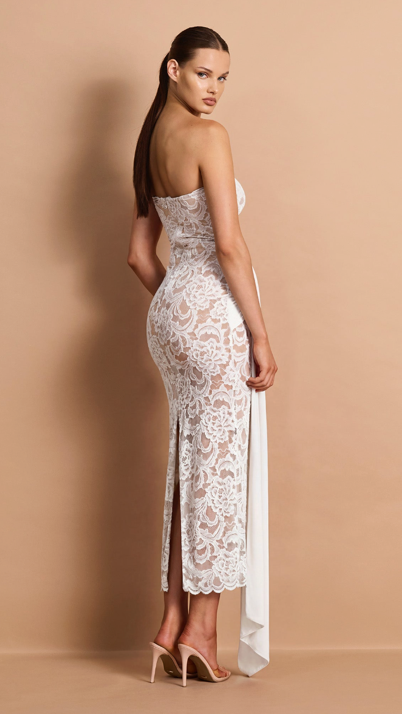 Colette Strapless Scalloped Lace Midi Dress - Ivory - back with falling panel