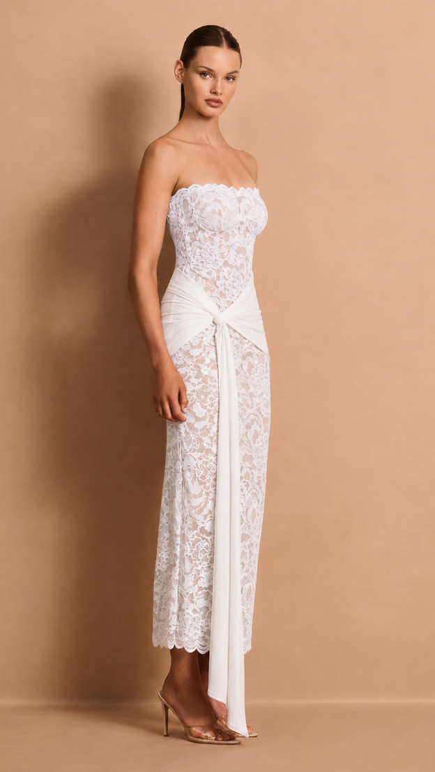 Colette Strapless Scalloped Lace Midi Dress - Ivory - front full length