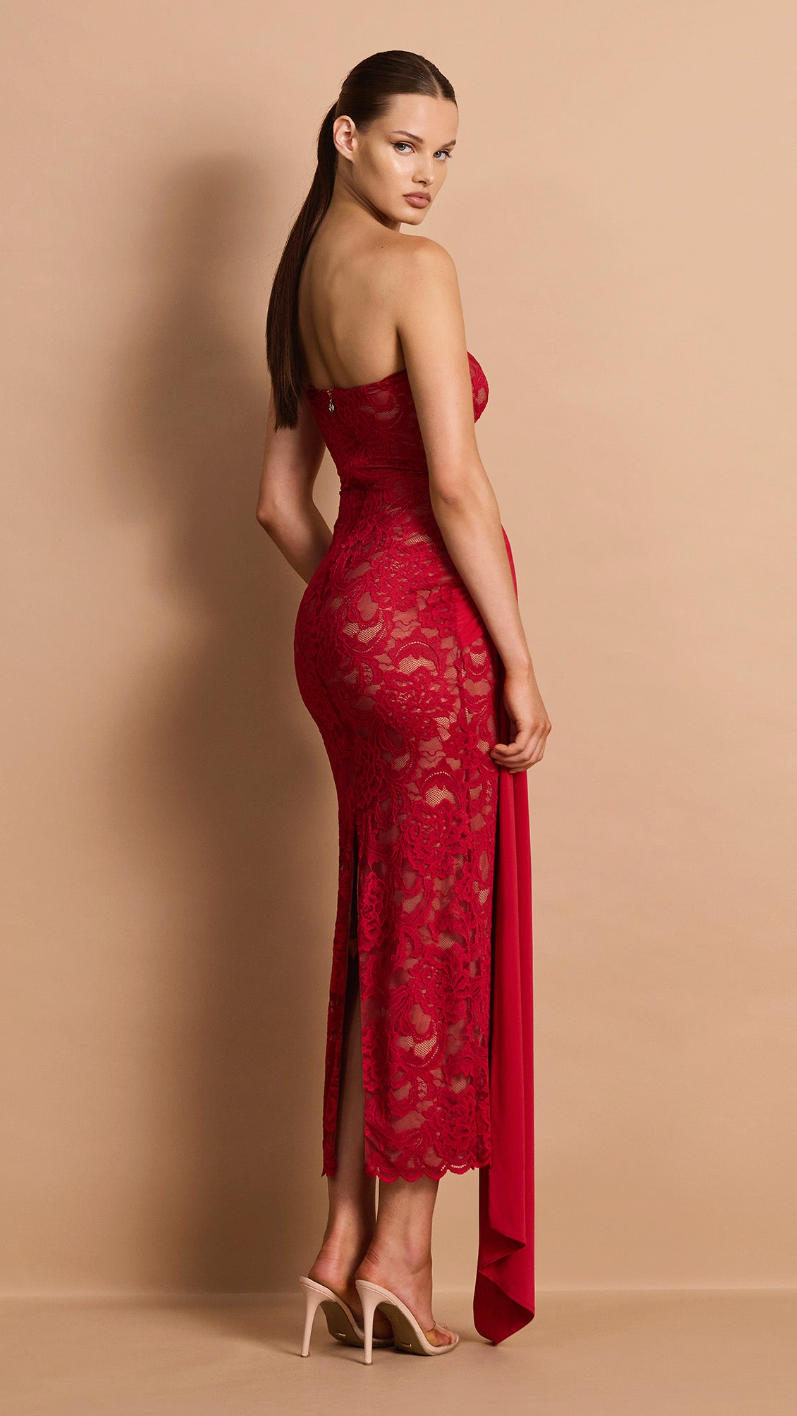 Colette Strapless Scalloped Lace Midi Dress - Red - back with falling panel