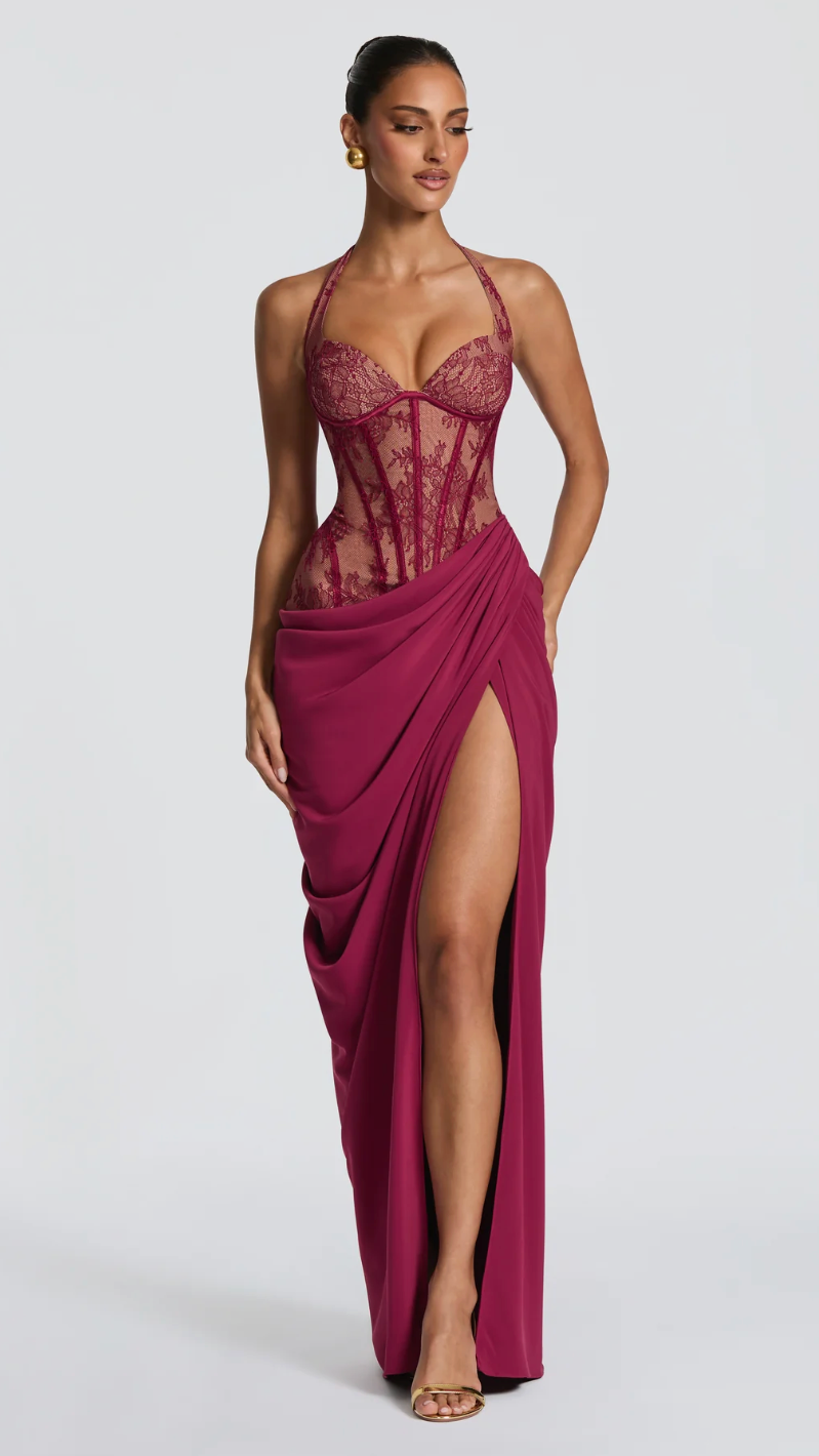 Anaïs Halter Sheer Corset High-Slit Gown - Berry - front full length