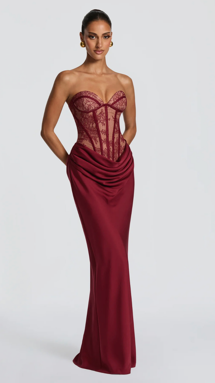 Eloise Strapless Sheer Corset Draped Gown - Wine - front