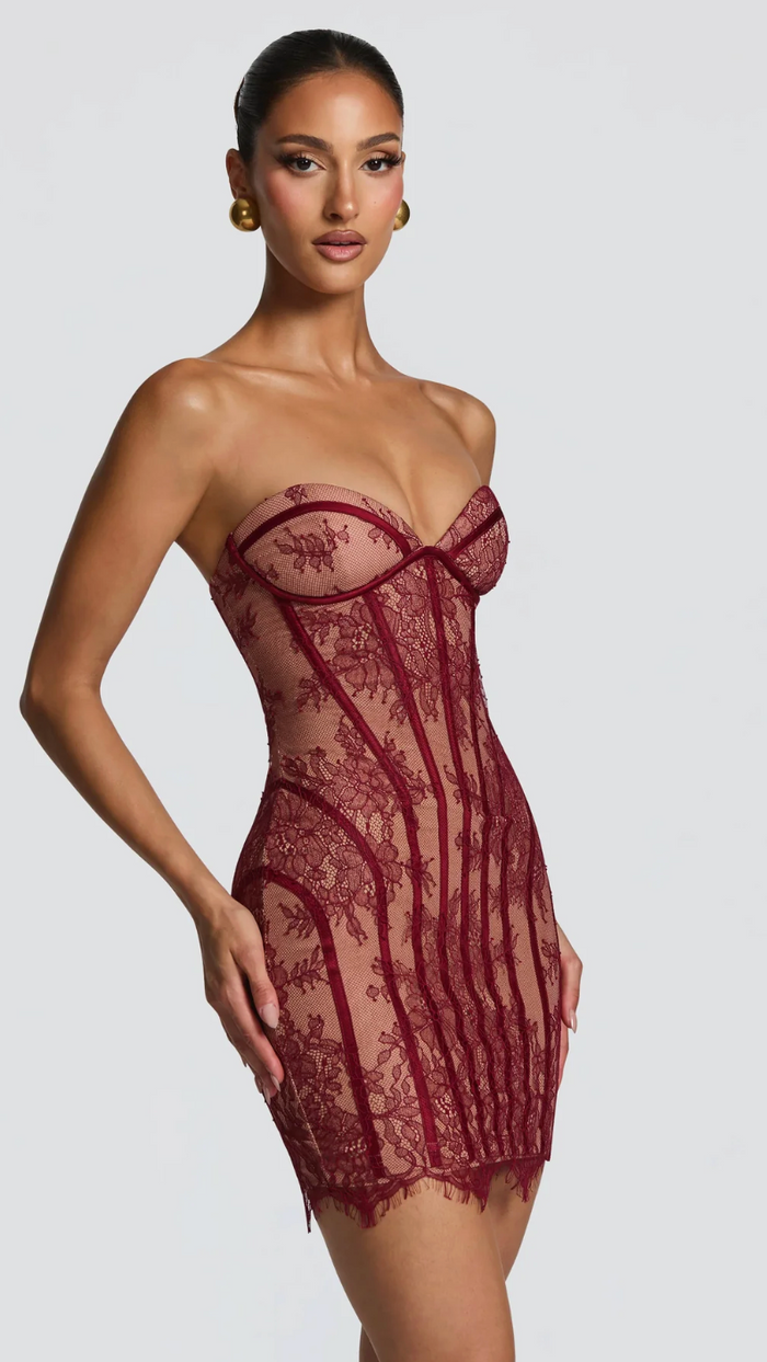 Odette Strapless Lace Corset Mini Dress - Wine - front