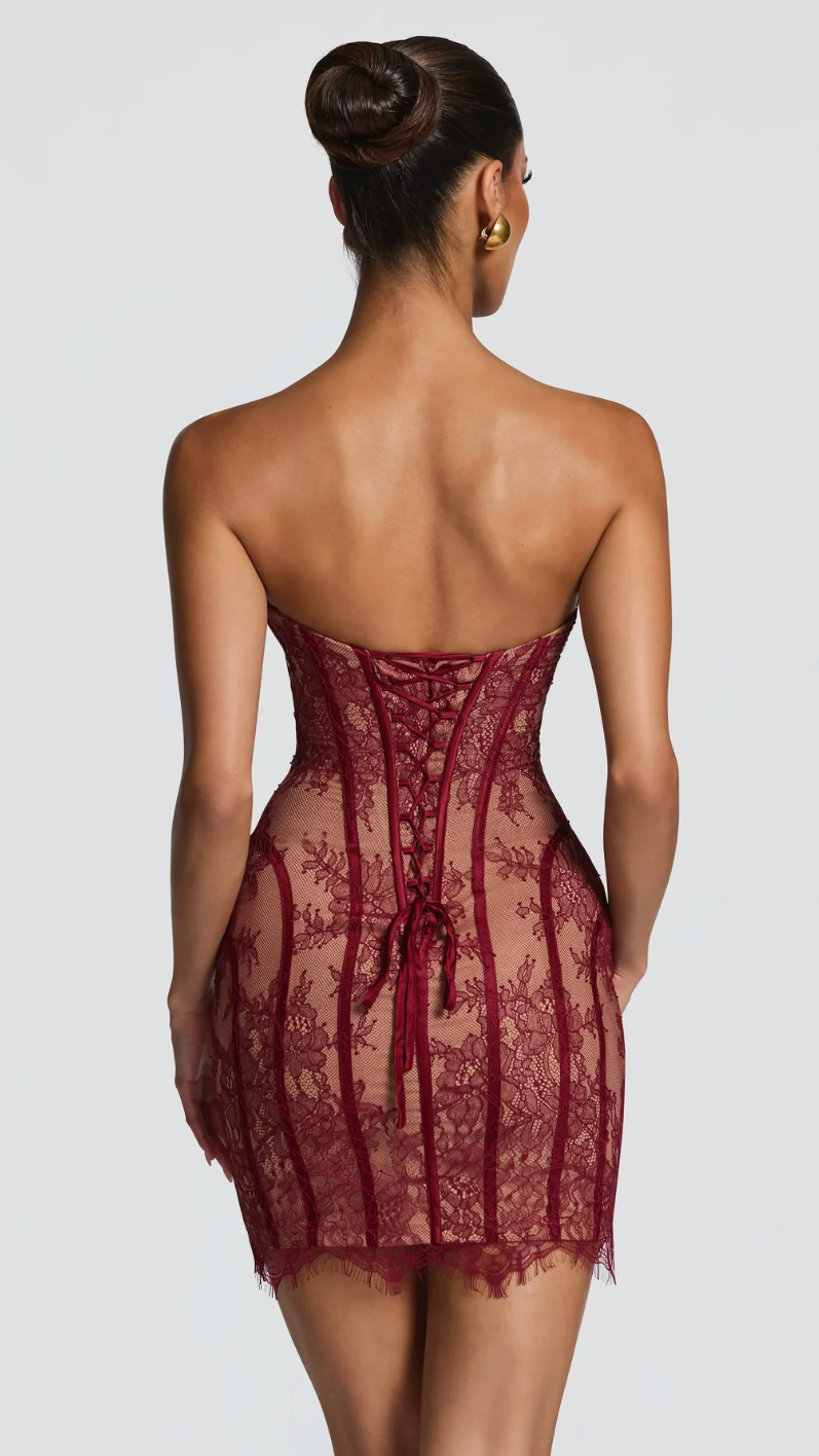 Odette Strapless Lace Corset Mini Dress - Wine - back with lace-up