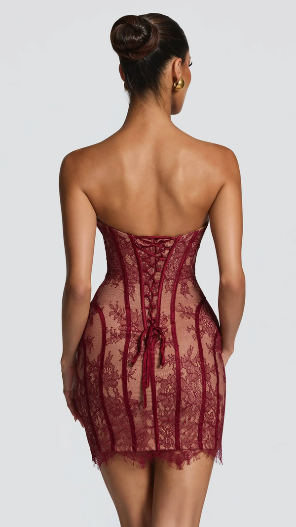 Odette Strapless Lace Corset Mini Dress - Wine - back with lace-up