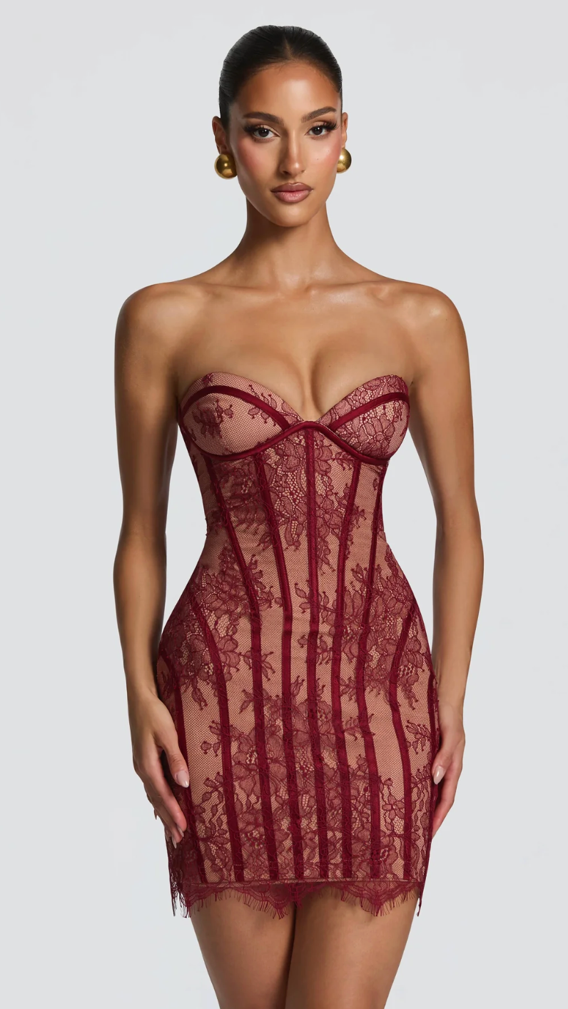 Odette Strapless Lace Corset Mini Dress - Wine - front full length