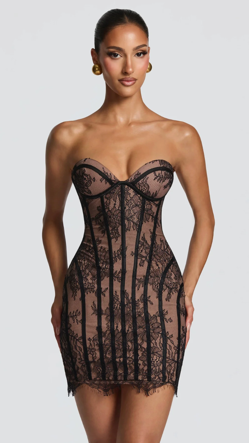 Odette Strapless Lace Corset Mini Dress - Black - front