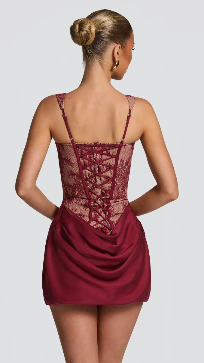 Selena Lace Corset Mini Dress - Wine - back lace-up
