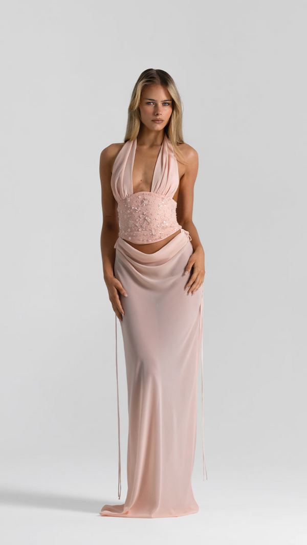 Ophelia Cutout Halter Corset Gown - Blush - front