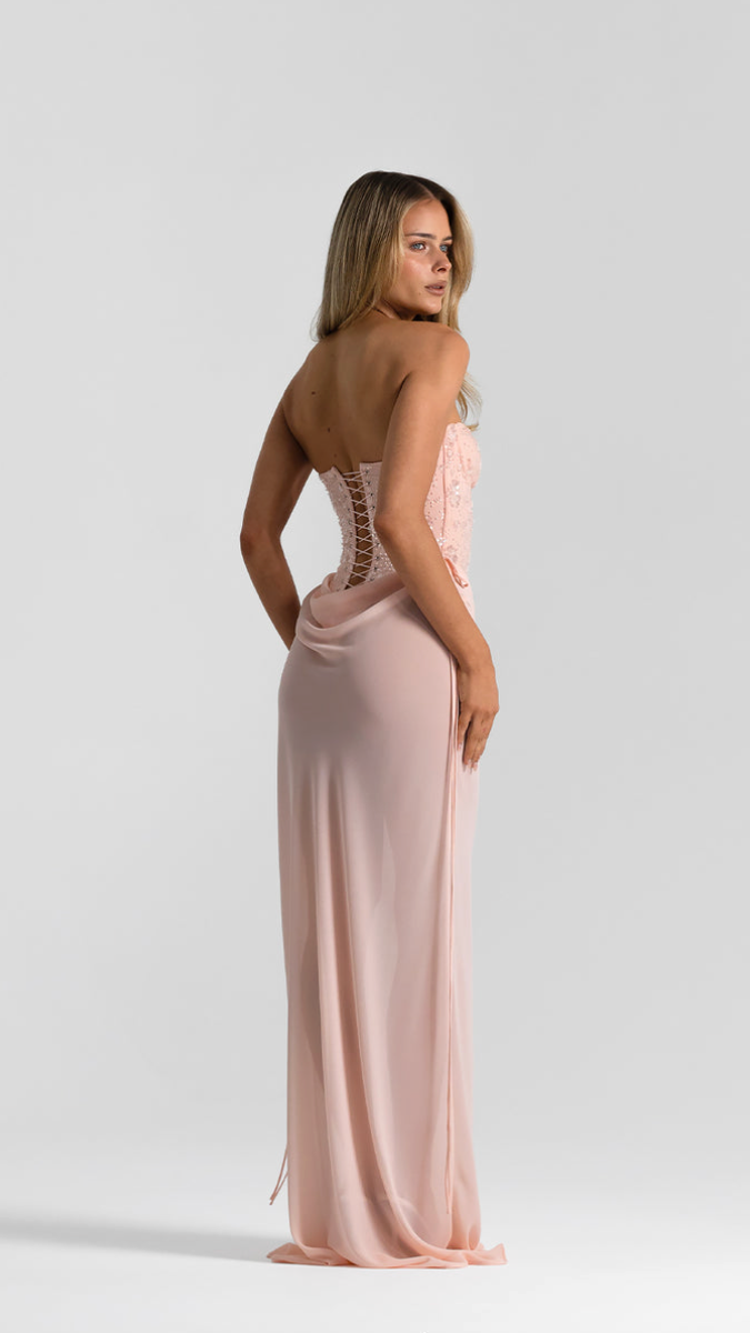Ophelia Cutout Halter Corset Gown - Blush - side with corset lace-up