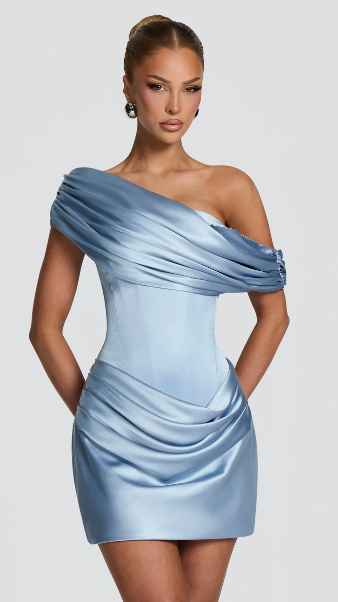 Valentina Convertible Corset Mini Dress - Blue - one-shoulder front