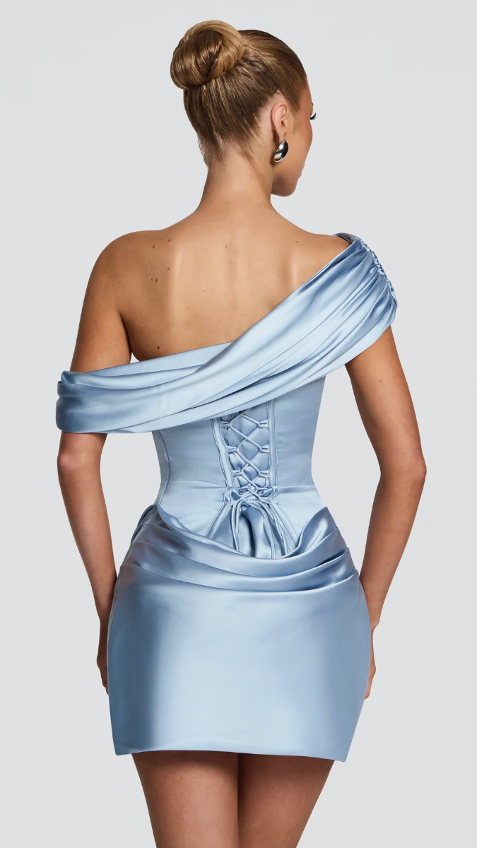 Valentina Convertible Corset Mini Dress - Blue - one-shoulder back