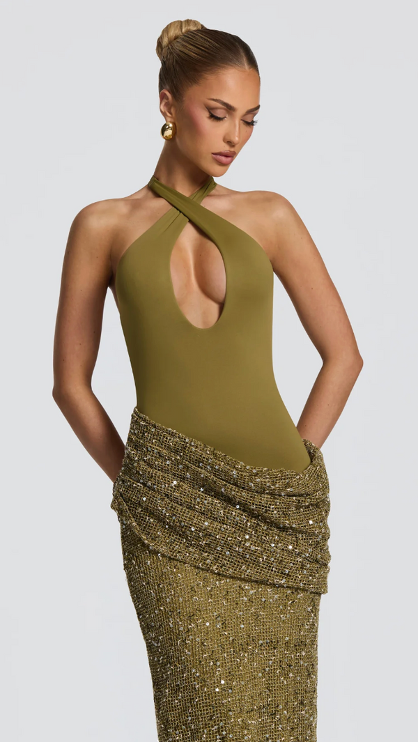Salomé Halter Cutout Sequin Maxi Dress - Olive - crossover halter neckline and keyhole cutout