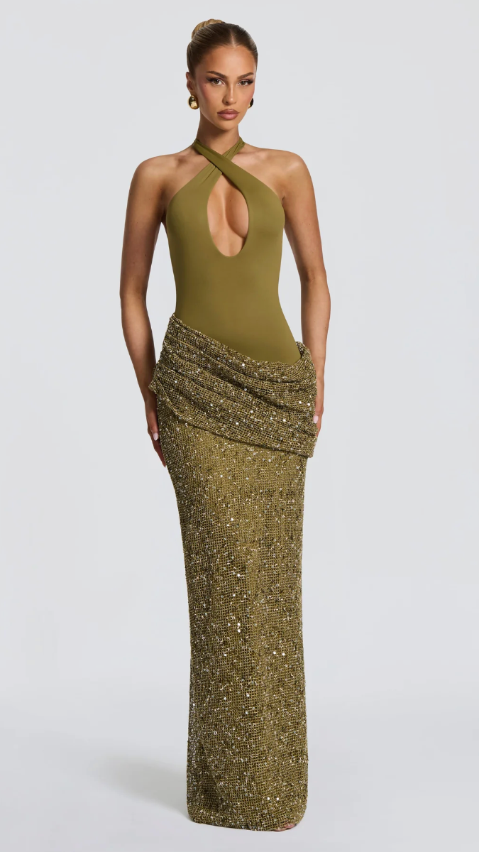 Salomé Halter Cutout Sequin Maxi Dress - Olive - front full length