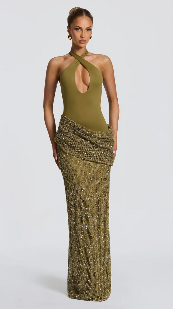 Salomé Halter Cutout Sequin Maxi Dress - Olive - front full length