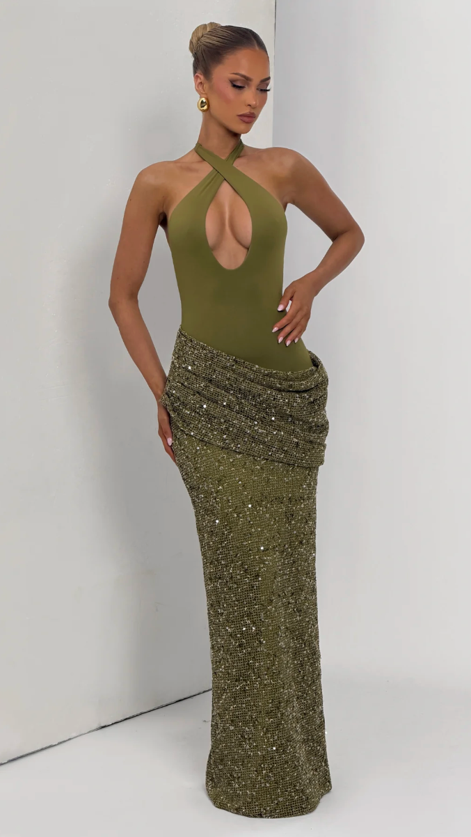 Salomé Halter Cutout Sequin Maxi Dress - Olive - front