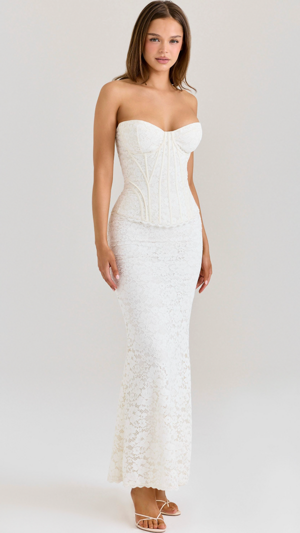 Juliette Strapless Lace Corset Maxi Dress - White - front