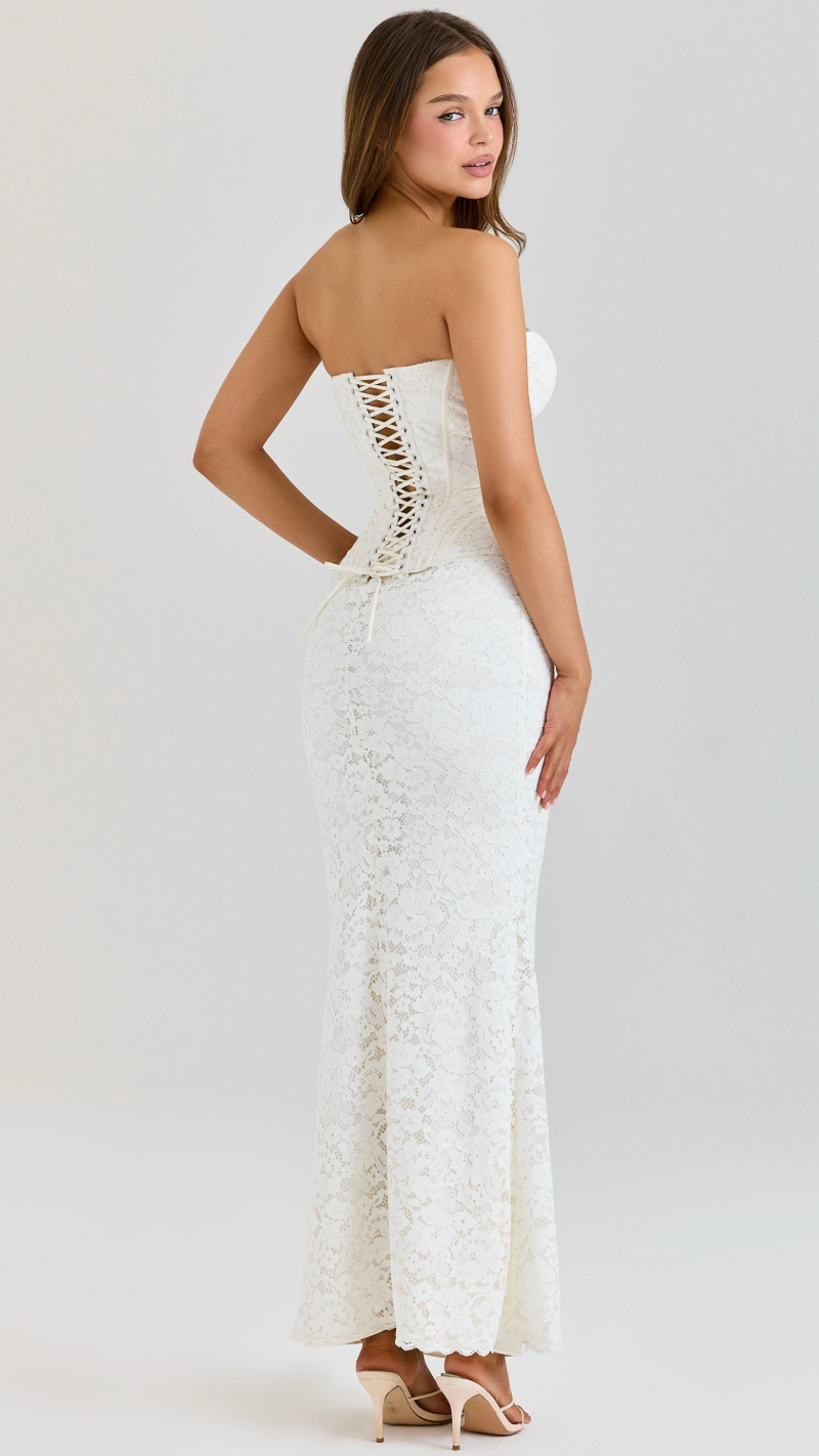 Juliette Strapless Lace Corset Maxi Dress - White - three quarter