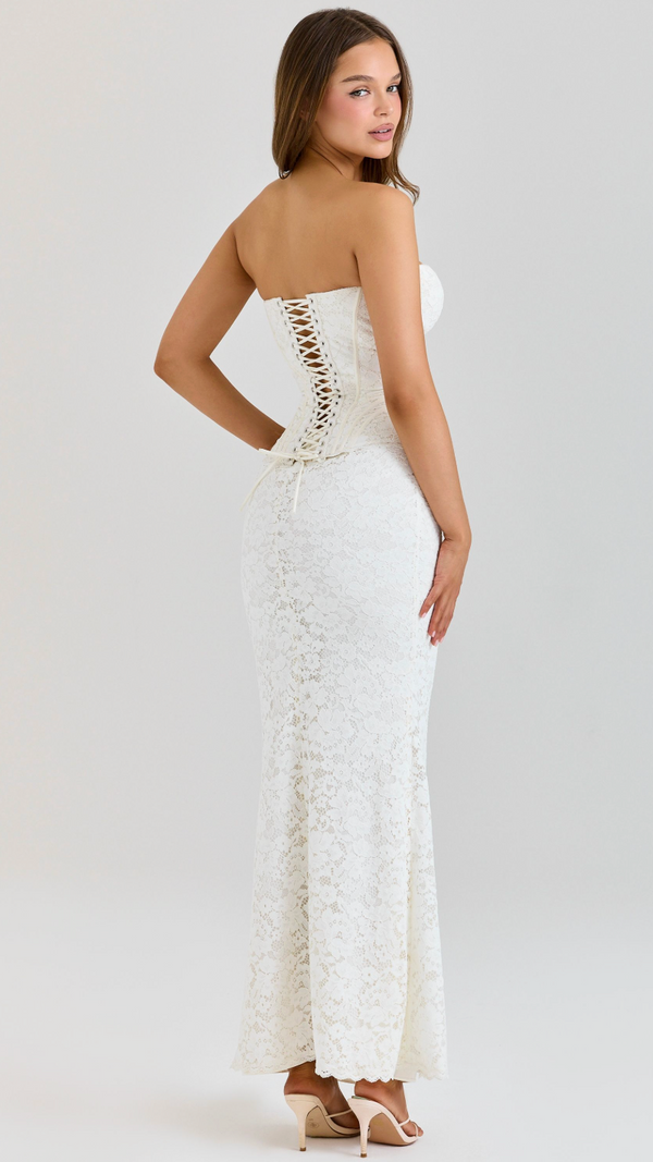 Juliette Strapless Lace Corset Maxi Dress - White - three quarter