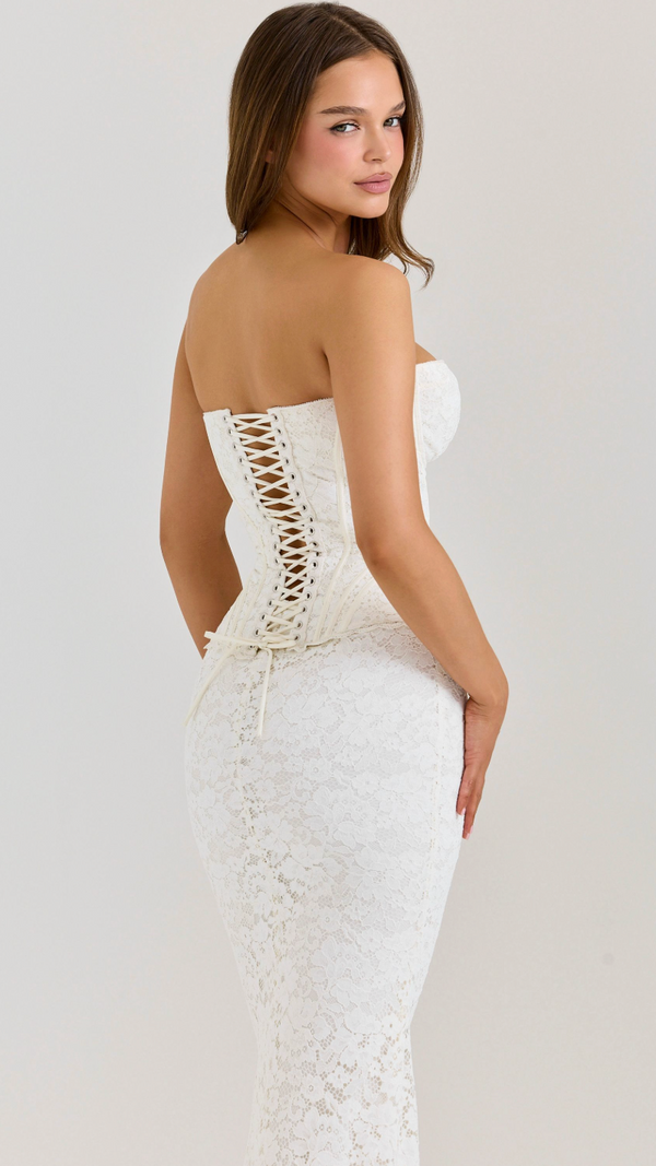Juliette Strapless Lace Corset Maxi Dress - White - side with lace-up back